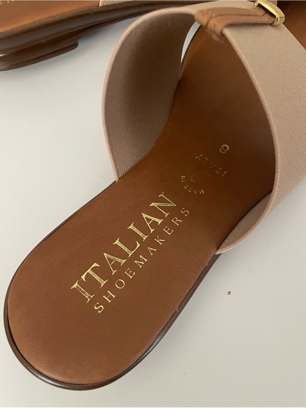 Italian Shoemakers Beige and Brown Slide Sandals with Gold Accent - Picture 3 of 4